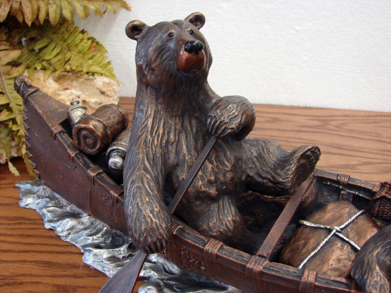 New Big Sky Carvers Jeff Fleming Artwork Montana Bronze Canoe Trip Bears Rapids, Moose-R-Us.Com Log Cabin Decor