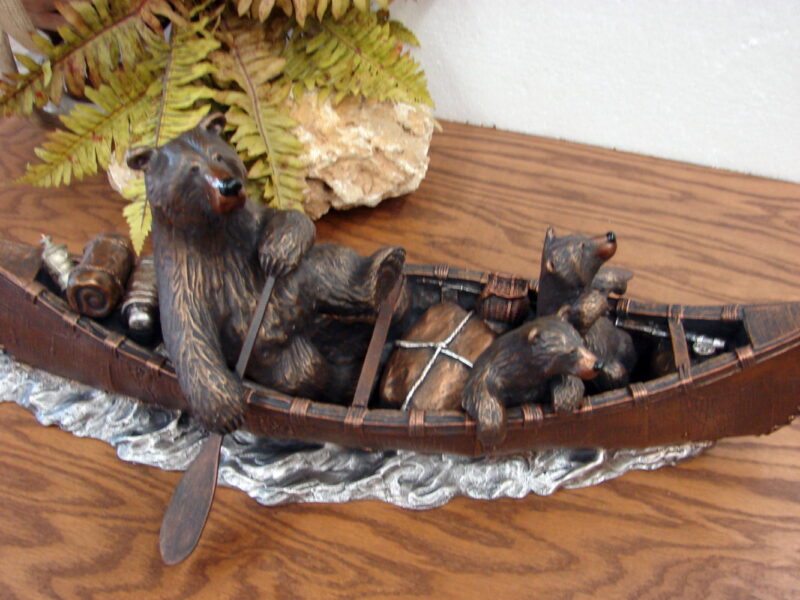 New Big Sky Carvers Jeff Fleming Artwork Montana Bronze Canoe Trip Bears Rapids, Moose-R-Us.Com Log Cabin Decor