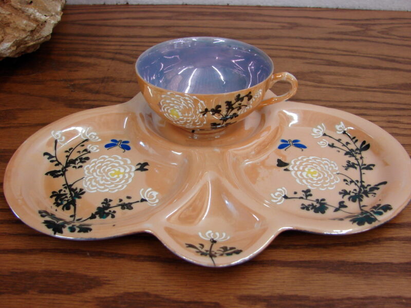 Vintage Japan Lustreware Tea Set Divided Tray Saucer Cup Raised Pattern, Moose-R-Us.Com Log Cabin Decor