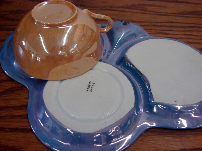 Vintage Japan Lustreware Tea Set Divided Tray Saucer Cup Raised Pattern, Moose-R-Us.Com Log Cabin Decor