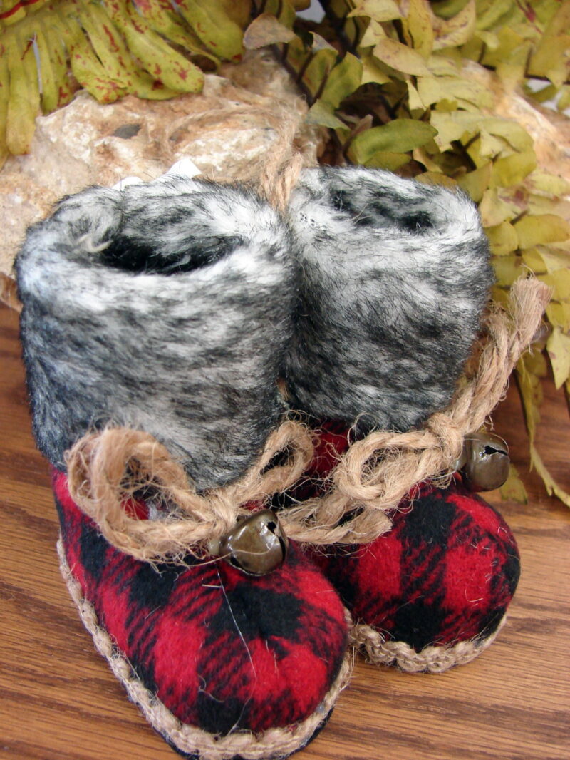 Red Black Buffalo Plaid Snow Boot with Fur Ornament Rustic Lodge Theme, Moose-R-Us.Com Log Cabin Decor