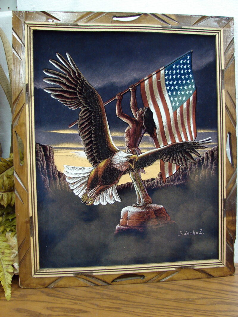 1970&#8217;s Sanchez Black Velvet Native American USA Flag Bald Eagle Painting, Moose-R-Us.Com Log Cabin Decor