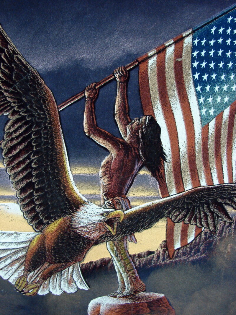 1970&#8217;s Sanchez Black Velvet Native American USA Flag Bald Eagle Painting, Moose-R-Us.Com Log Cabin Decor