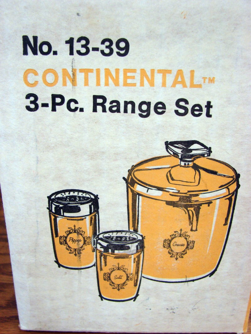Vintage Tin West Bend Harvest Gold Range Set Salt Pepper Shaker Grease Jar NIB, Moose-R-Us.Com Log Cabin Decor