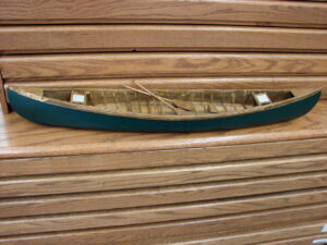 Wooden Canoe Sample Display Model Green Cane Seat Paddles