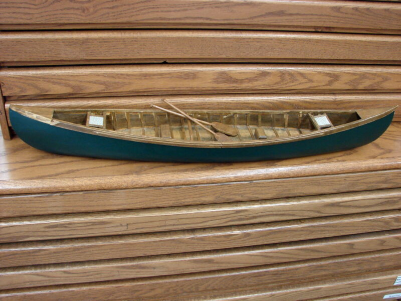 Wooden Canoe Sample Display Model Green Cane Seat Paddles, Moose-R-Us.Com Log Cabin Decor
