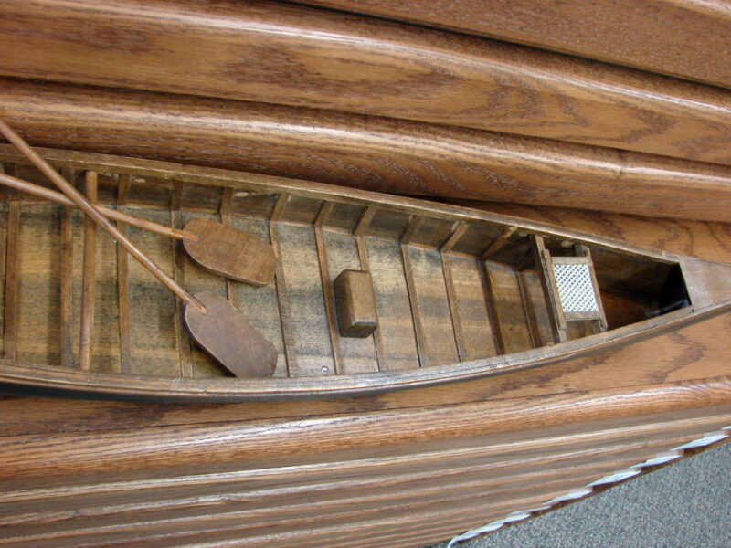 Wooden Canoe Sample Display Model Green Cane Seat Paddles, Moose-R-Us.Com Log Cabin Decor