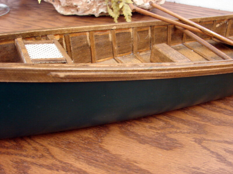 Wooden Canoe Sample Display Model Green Cane Seat Paddles, Moose-R-Us.Com Antiques Collectibles Log Cabin Decor