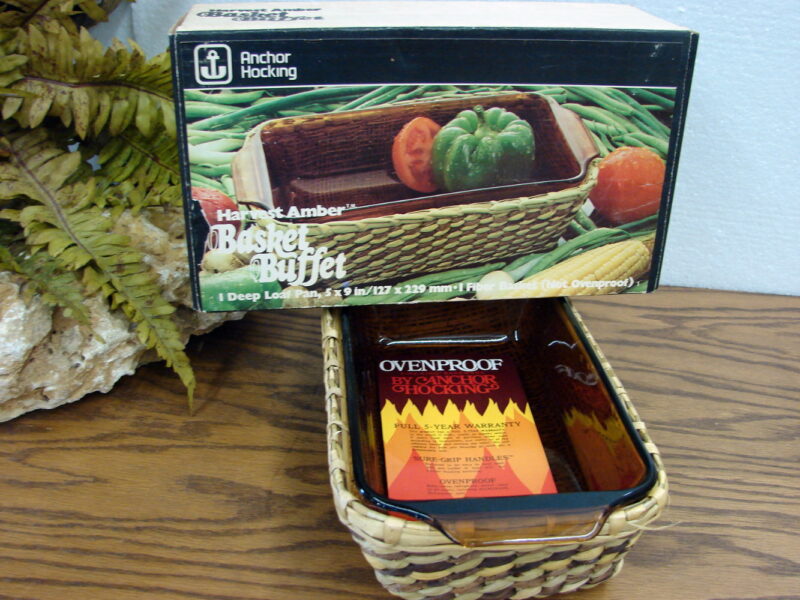 Vintage Anchor Hocking Harvest Amber Basket Buffet NIB Bakeware Kitchenware, Moose-R-Us.Com Log Cabin Decor