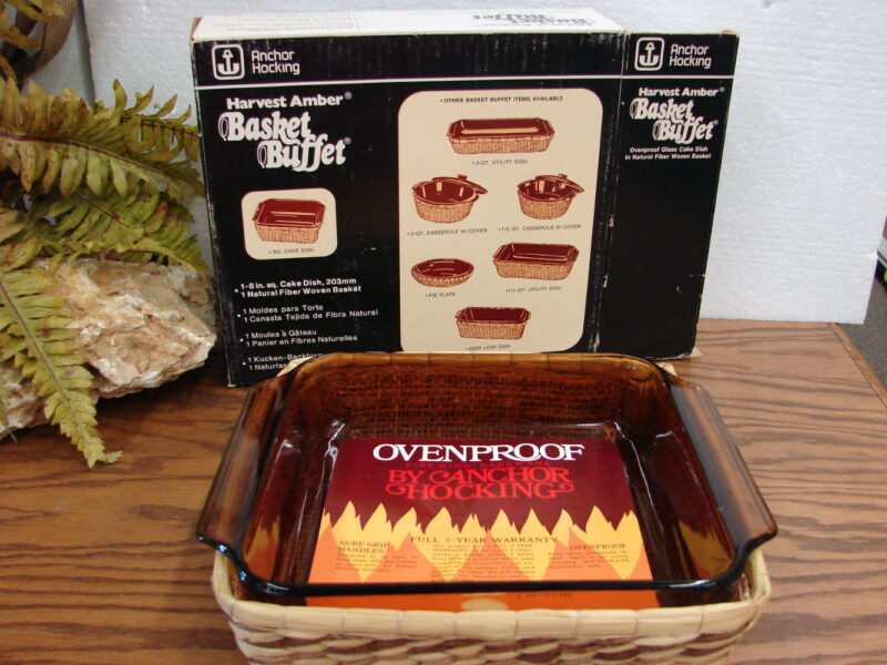 Vintage Anchor Hocking Harvest Amber Basket Buffet NIB Bakeware Kitchenware, Moose-R-Us.Com Log Cabin Decor