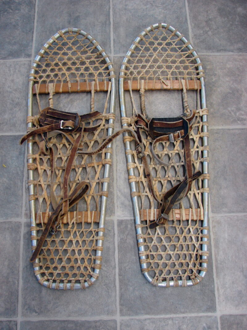 Vintage Aluminum Rawhide Sinew Square Heel Snow Shoes Bindings Cabin Snowshoe Decor, Moose-R-Us.Com Log Cabin Decor