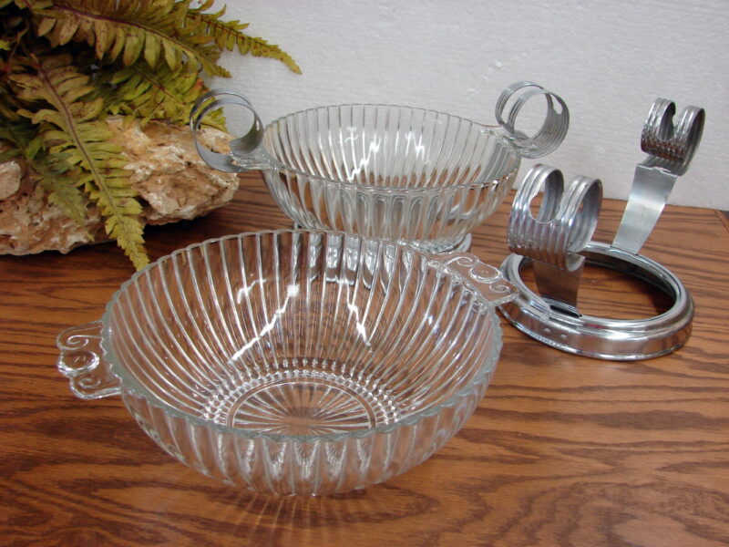 Vintage Anchor Hocking AHC37 Art Deco MCM Ribbed Bowl w/ Chrome Curved Holder, Moose-R-Us.Com Log Cabin Decor