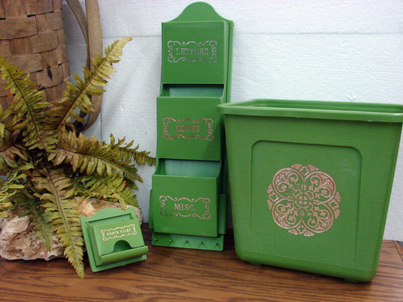 Vintage Fesco Letter Toothpick Trash Can Set Avocado Green MCM Gold Trim, Moose-R-Us.Com Log Cabin Decor
