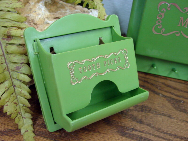 Vintage Fesco Letter Toothpick Trash Can Set Avocado Green MCM Gold Trim, Moose-R-Us.Com Log Cabin Decor