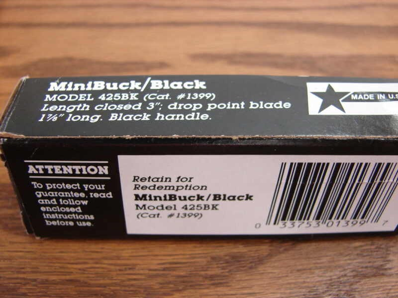 Buck Knife MiniBuck Black Model 425BK Cat. #1399 Box w/ Paperwork Box Only, Moose-R-Us.Com Log Cabin Decor