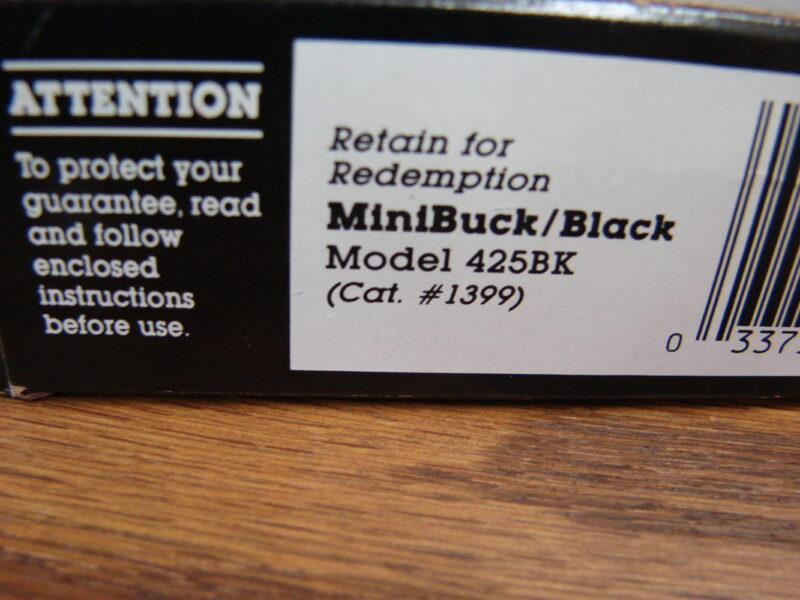 Buck Knife MiniBuck Black Model 425BK Cat. #1399 Box w/ Paperwork Box Only, Moose-R-Us.Com Log Cabin Decor