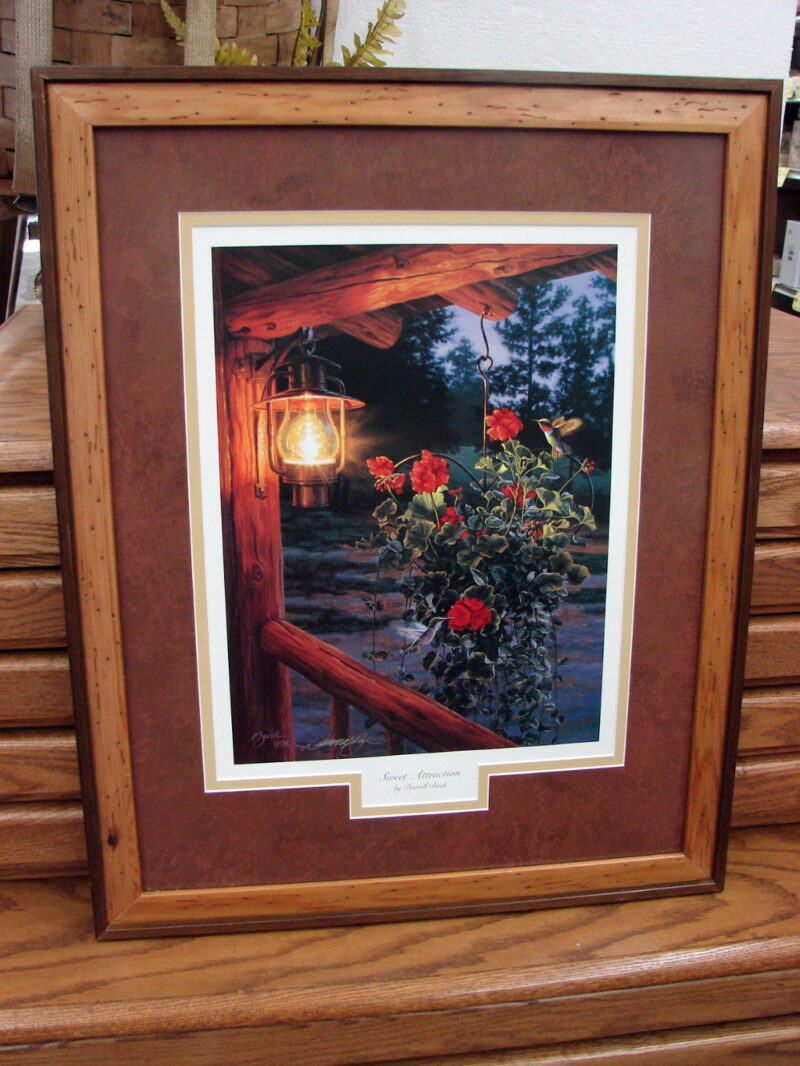 Framed Matted Artwork Sweet Attraction Log Cabin Hummingbird Darrell Bush, Moose-R-Us.Com Log Cabin Decor