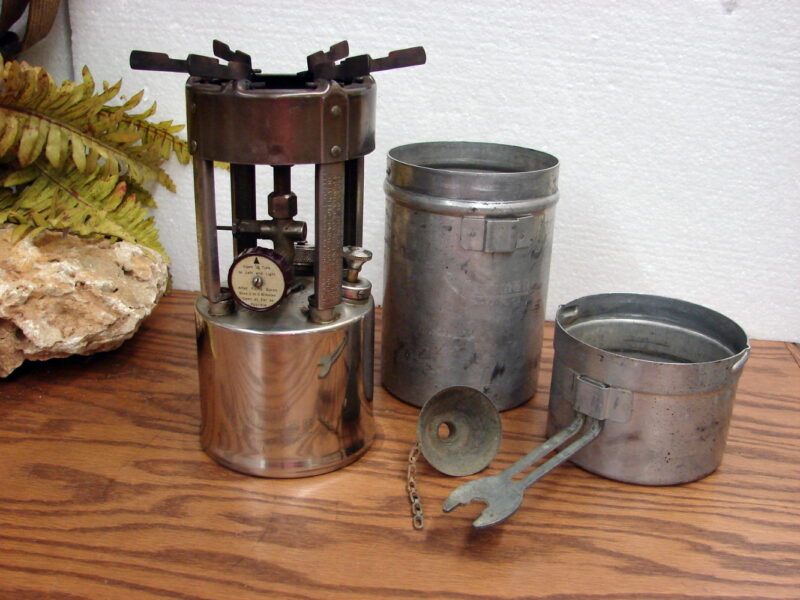Vintage Coleman USA WWII Pocket Cylinder Camping Stove 530 A47 Funnel Wrench, Moose-R-Us.Com Log Cabin Decor