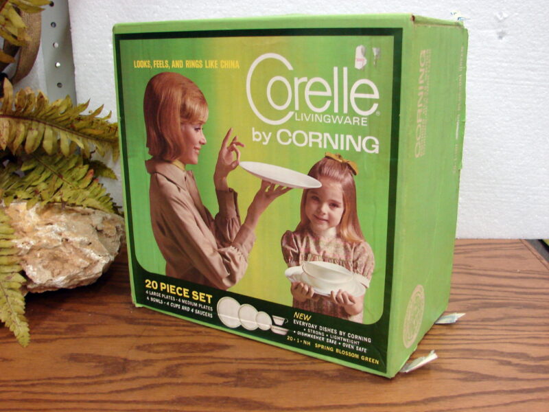Vintage Corelle Spring Green Crazy Daisy Dinnerware and Accessories NIB 20 pc Set, Moose-R-Us.Com Log Cabin Decor