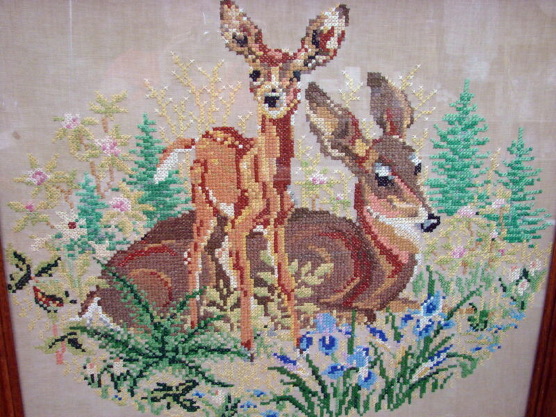 Vintage MCM Cross Stitch Needle Work Whitetail Deer Large Framed Set Pictures, Moose-R-Us.Com Log Cabin Decor