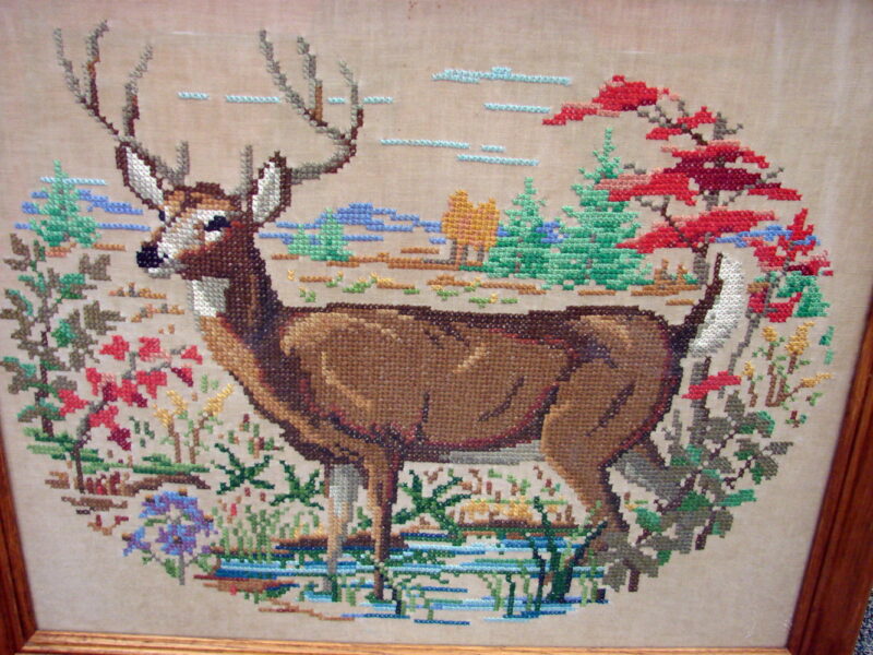 Vintage MCM Cross Stitch Needle Work Whitetail Deer Large Framed Set Pictures, Moose-R-Us.Com Log Cabin Decor