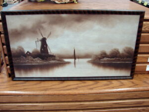 Antique Souvenir Painting Dutch Windmill Sailboat Sepia Tone Tiger Stripe Wood Frame