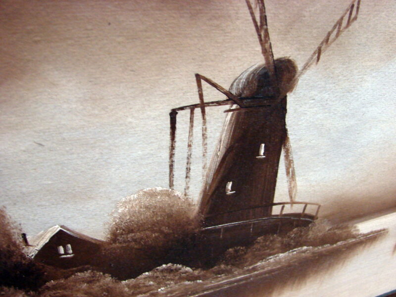 Antique Souvenir Painting Dutch Windmill Sailboat Sepia Tone Tiger Stripe Wood Frame, Moose-R-Us.Com Log Cabin Decor
