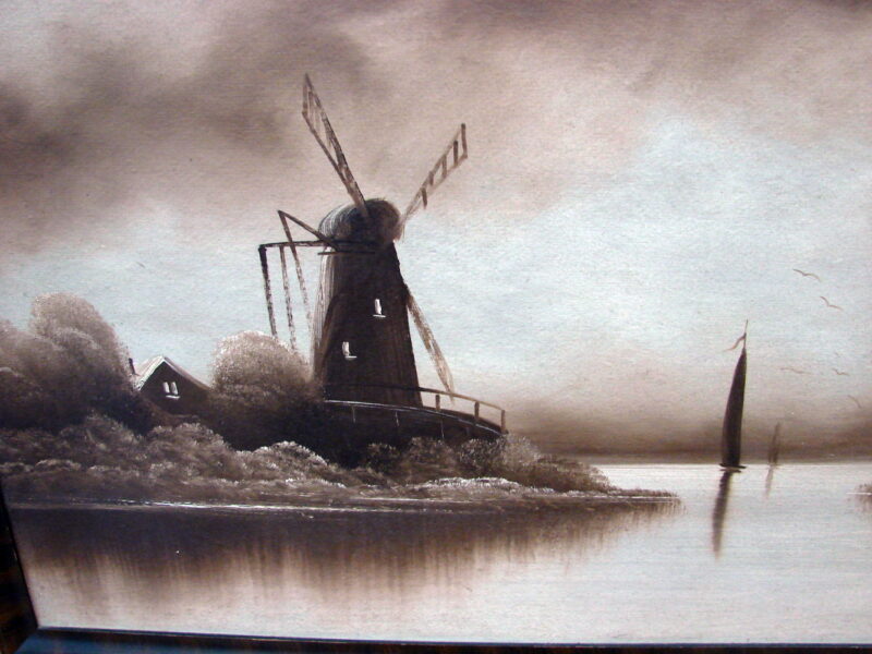 Antique Souvenir Painting Dutch Windmill Sailboat Sepia Tone Tiger Stripe Wood Frame, Moose-R-Us.Com Log Cabin Decor