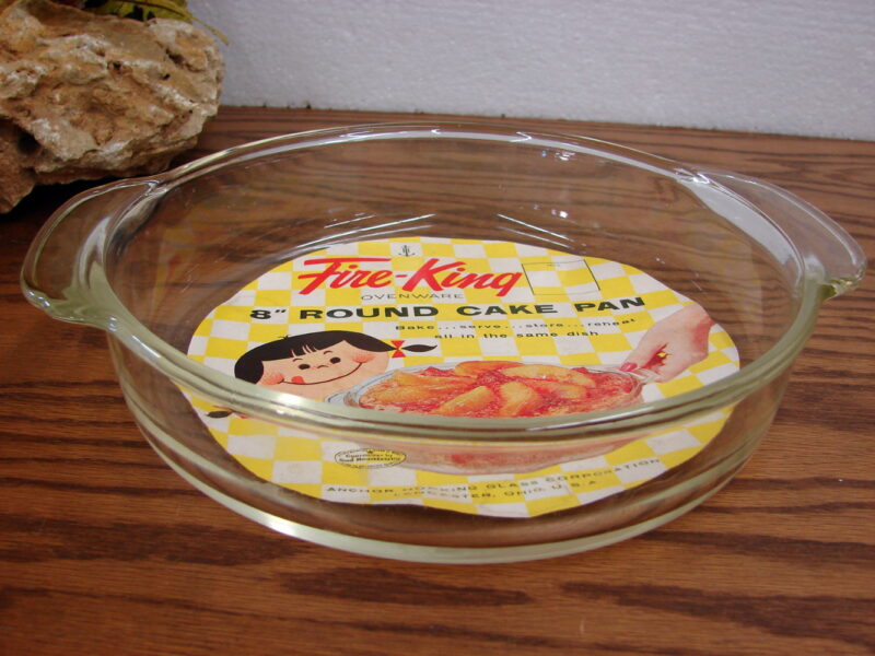 Vintage Fire King Glass Round Cake Pan 8&#8243; with Original Label, Moose-R-Us.Com Log Cabin Decor