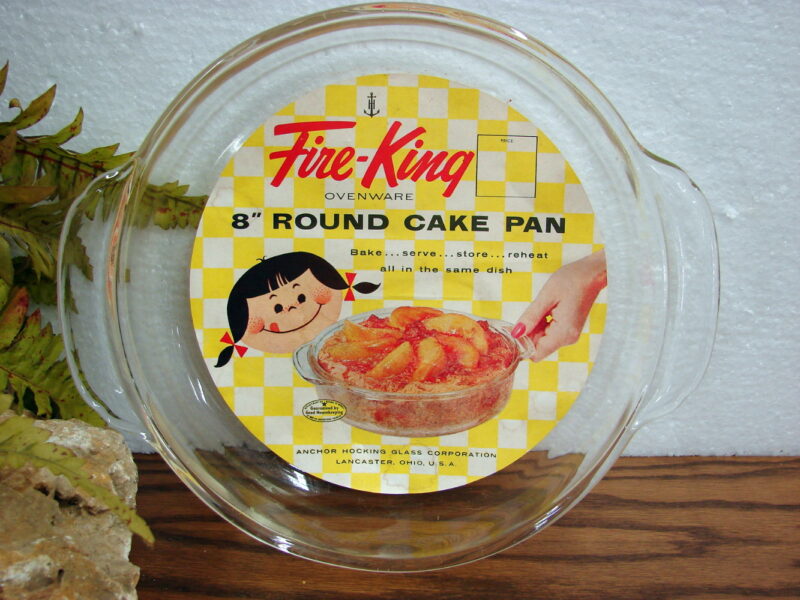 Vintage Fire King Glass Round Cake Pan 8&#8243; with Original Label, Moose-R-Us.Com Log Cabin Decor