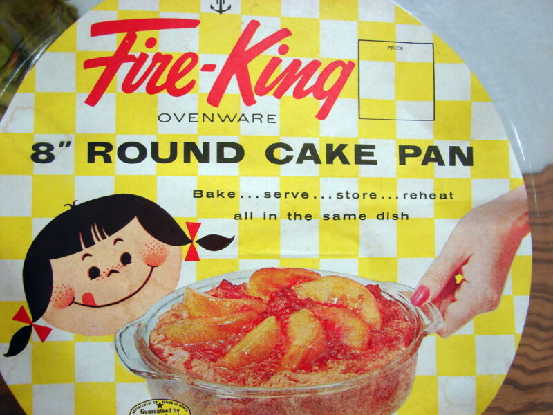 Vintage Fire King Glass Round Cake Pan 8&#8243; with Original Label, Moose-R-Us.Com Log Cabin Decor