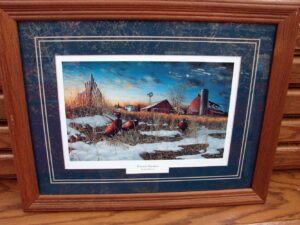 Jim Hansel Harvest Roosters Farm Pheasants Oak Framed Matted Artwork