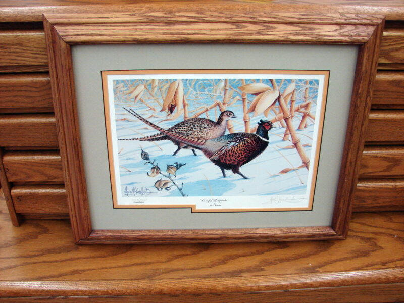 Les Kouba Framed Matted Cornfed Ringnecks Winter Ringneck Pheasant Rooster Limited Edition, Moose-R-Us.Com Log Cabin Decor