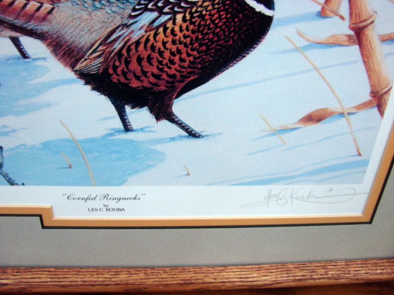 Les Kouba Framed Matted Cornfed Ringnecks Winter Ringneck Pheasant Rooster Limited Edition, Moose-R-Us.Com Log Cabin Decor