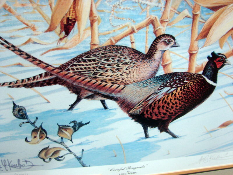 Les Kouba Framed Matted Cornfed Ringnecks Winter Ringneck Pheasant Rooster Limited Edition, Moose-R-Us.Com Log Cabin Decor