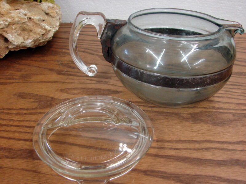 Vintage PYREX 8126 Green Stamp Flameware Blue Glass 6 Cup Teapot Tea Pot Fin Lid, Moose-R-Us.Com Log Cabin Decor