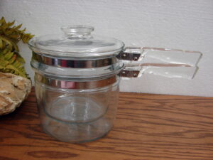 Vintage PYREX #6283 Flameware Glass Double Boiler Sauce Pan w/ Matching Lid