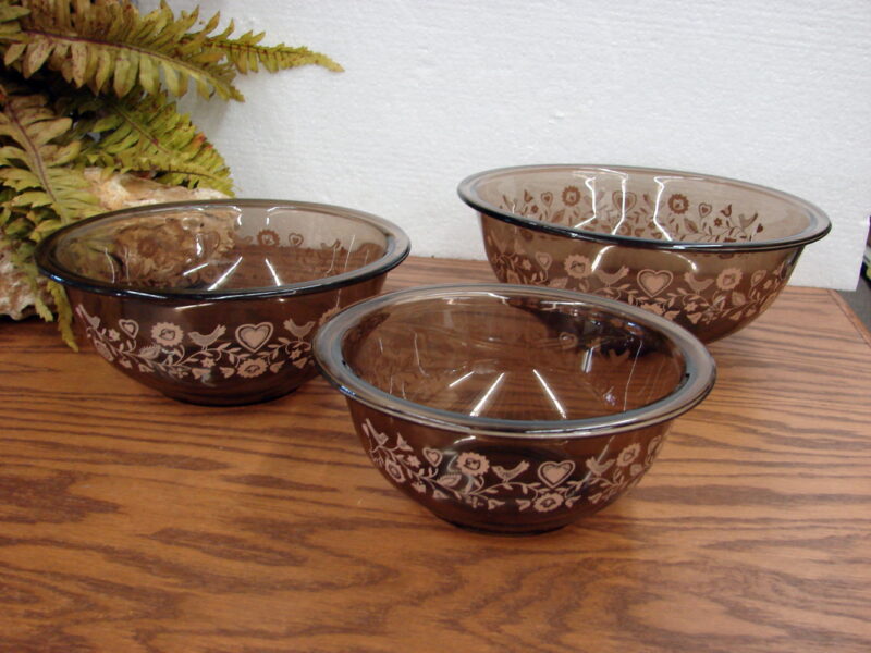 Vintage PYREX Amber Festive Harvest Brown Set/3 Nesting Mixing Bowls, Moose-R-Us.Com Log Cabin Decor