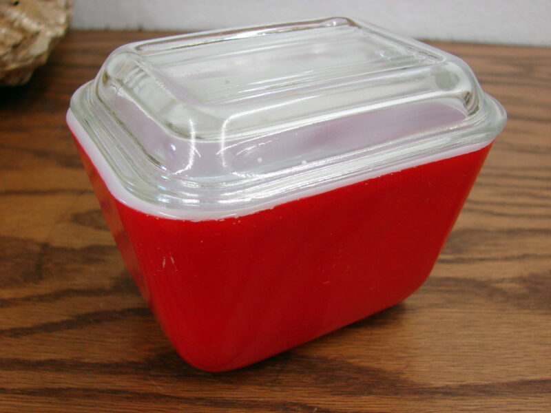 Vintage PYREX Primary Color Red Small Rectangular Refrigerator Bowl w/ Ribbed Lid, Moose-R-Us.Com Log Cabin Decor