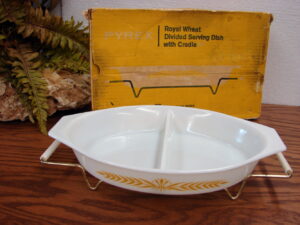Vintage PYREX Royal Wheat Divided Serving Dish w/ Cradle in Original Box