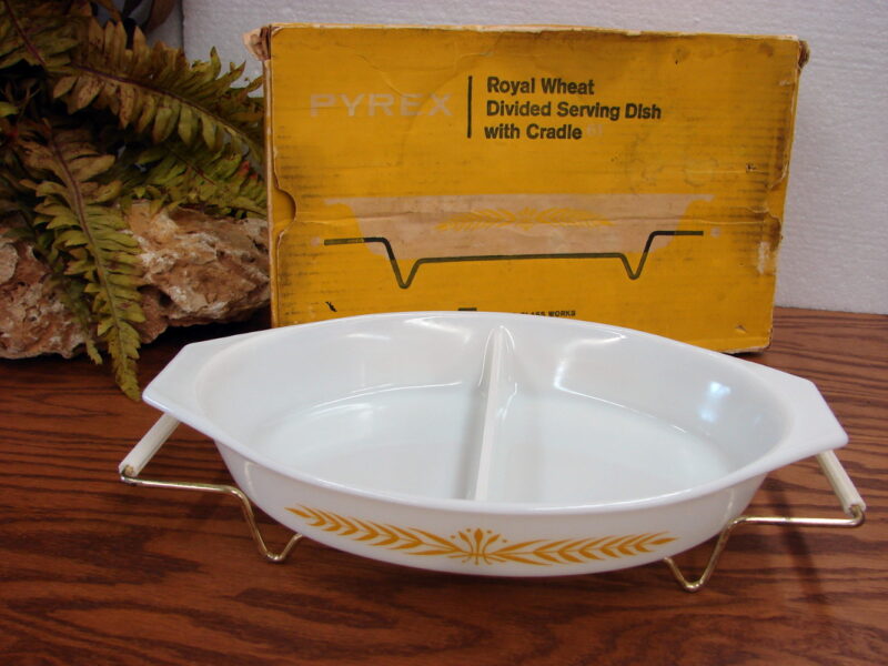 Vintage PYREX Royal Wheat Divided Serving Dish w/ Cradle in Original Box, Moose-R-Us.Com Log Cabin Decor