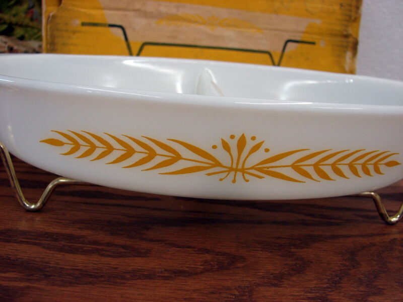 Vintage PYREX Royal Wheat Divided Serving Dish w/ Cradle in Original Box, Moose-R-Us.Com Log Cabin Decor