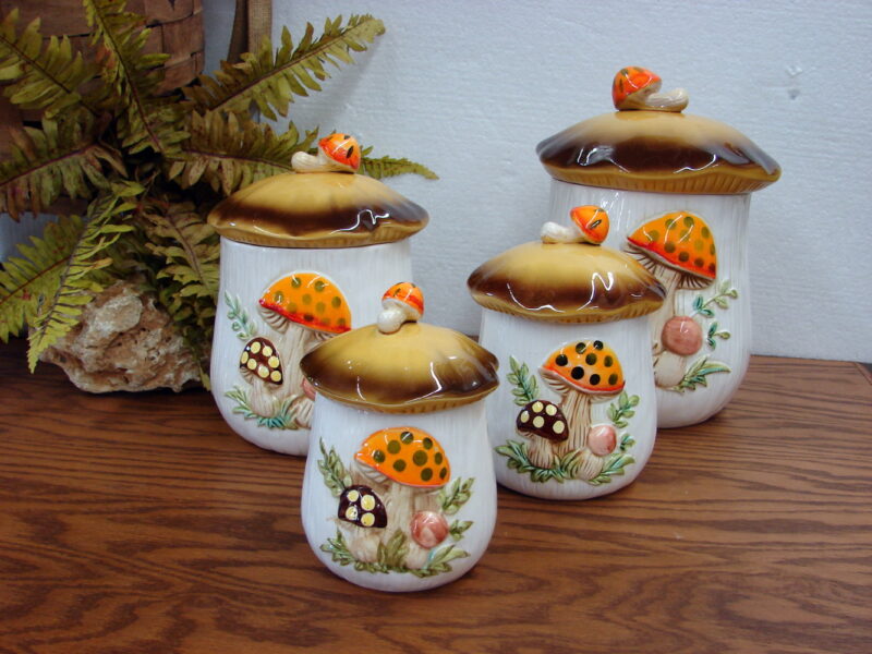 1978 Sears Roebuck Merry Mushroom Canister Set/4 Japan, Moose-R-Us.Com Log Cabin Decor