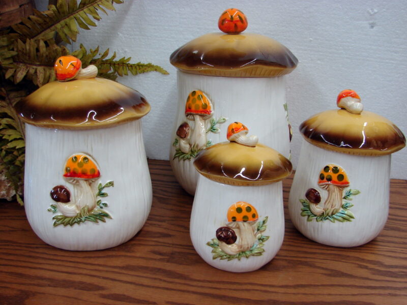 1978 Sears Roebuck Merry Mushroom Canister Set/4 Japan, Moose-R-Us.Com Log Cabin Decor