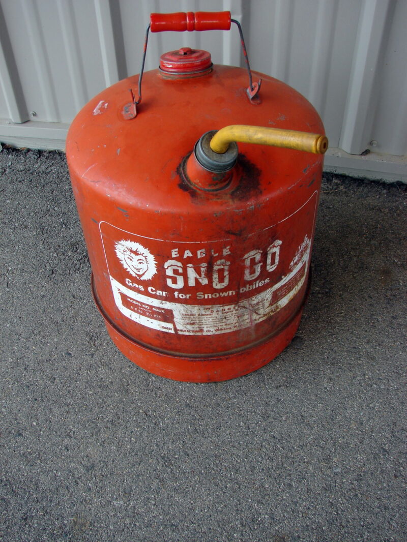 Vintage Eagle 6 Gallon Sno Go Gas Can Model 506X Fake Bottom Red White Eskimo, Moose-R-Us.Com Log Cabin Decor