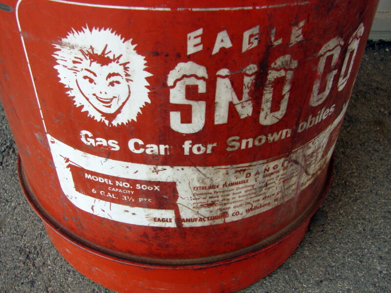 Vintage Eagle 6 Gallon Sno Go Gas Can Model 506X Fake Bottom Red White Eskimo, Moose-R-Us.Com Log Cabin Decor