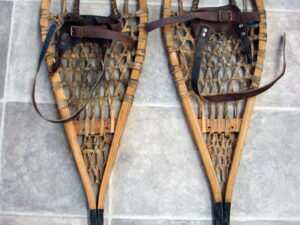 Vintage Wood Rawhide Sinew Black Heel Snow Shoes Bindings Cabin Snowshoe Decor