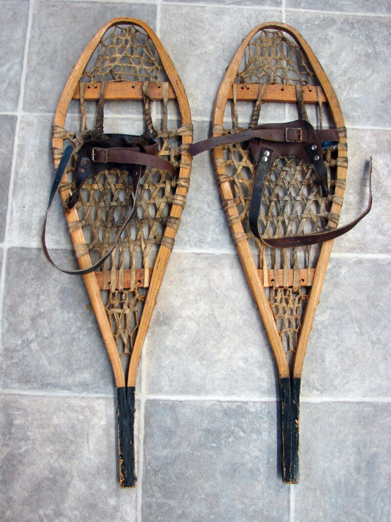 Vintage Wood Rawhide Sinew Black Heel Snow Shoes Bindings Cabin