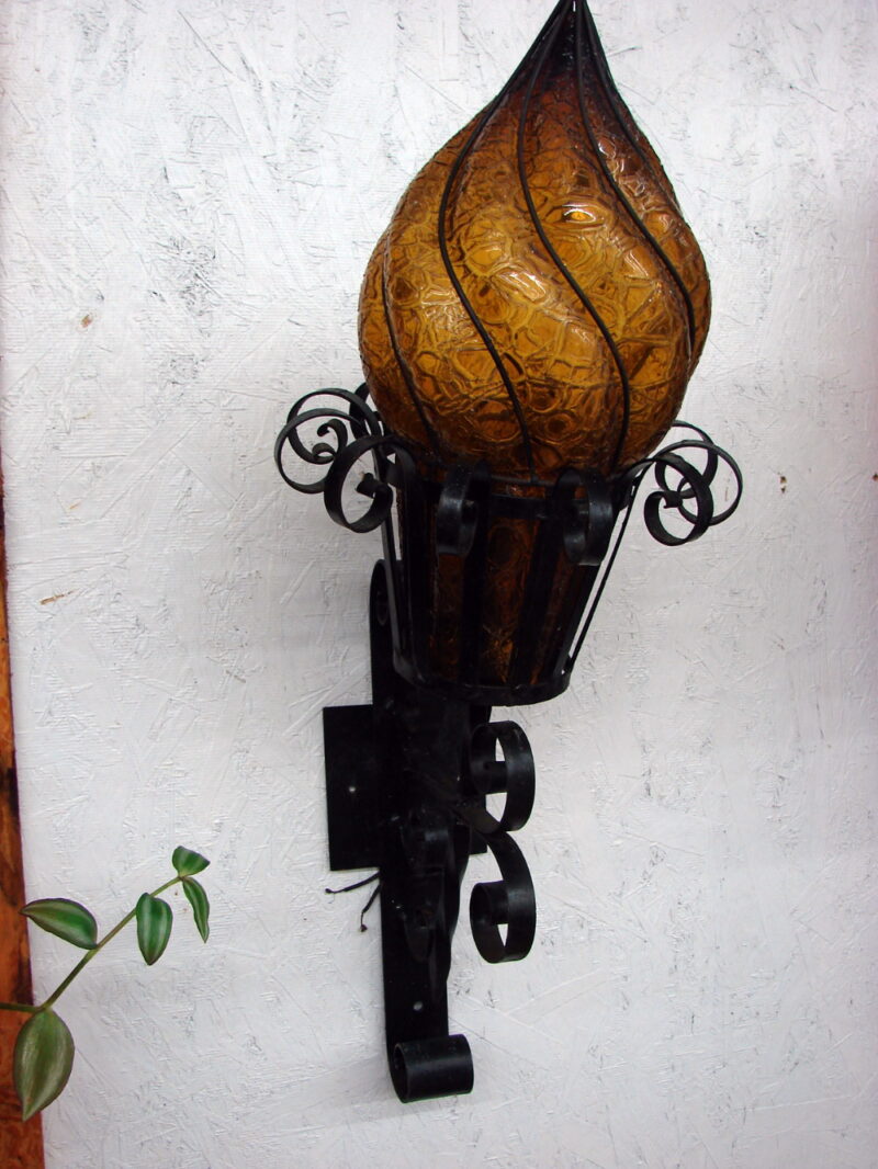 Vintage Craquelle Glass Gothic Wrought Iron Wall Torch Sconce Medieval Castle Spanish Revival, Moose-R-Us.Com Log Cabin Decor