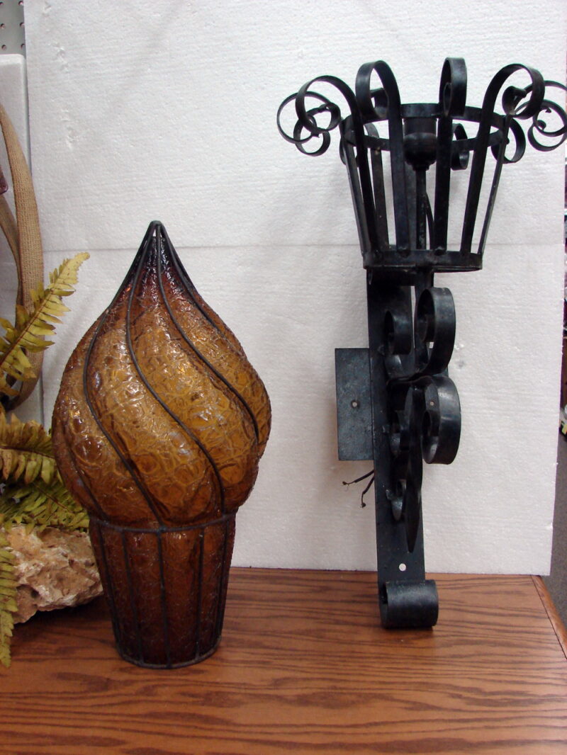 Vintage Craquelle Glass Gothic Wrought Iron Wall Torch Sconce Medieval Castle Spanish Revival, Moose-R-Us.Com Log Cabin Decor